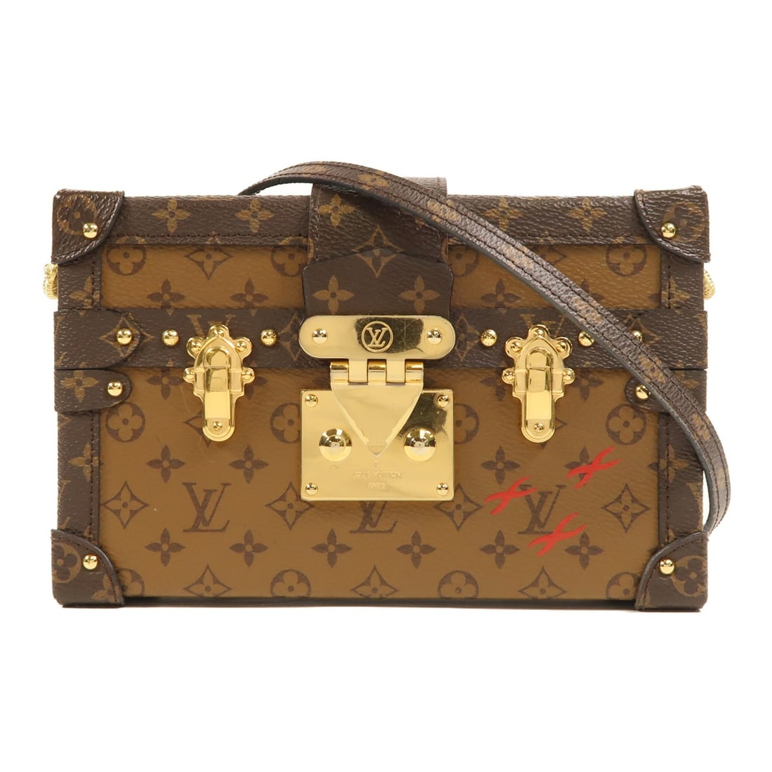 LOUIS VUITTON Petite Malle Shoulder Bag Monogram Reverse M45960 Brown: LOUIS VUITTON Petite Malle Shoulder Bag Monogram Reverse M45960 Brown Louis Vuitton Petite Malle shoulder bag in Brown with Monogram Reverse and PVC coated canvas exterior. It comes with a shoulder st