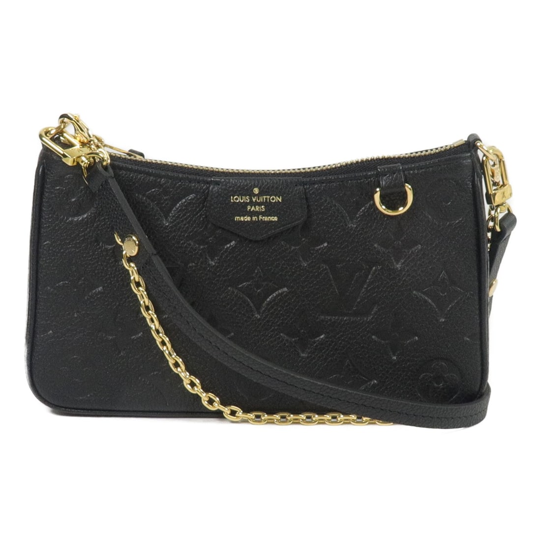 Louis Vuitton M80349 Easy Pouch On Strap Black Empreinte Shoulder Bag: Louis Vuitton M80349 Easy Pouch On Strap Black Empreinte Shoulder Bag A Louis Vuitton Easy Pouch On Strap 2 Way Shoulder Bag in black, made from Monogram Empreinte and calfskin (cowhide). This regular