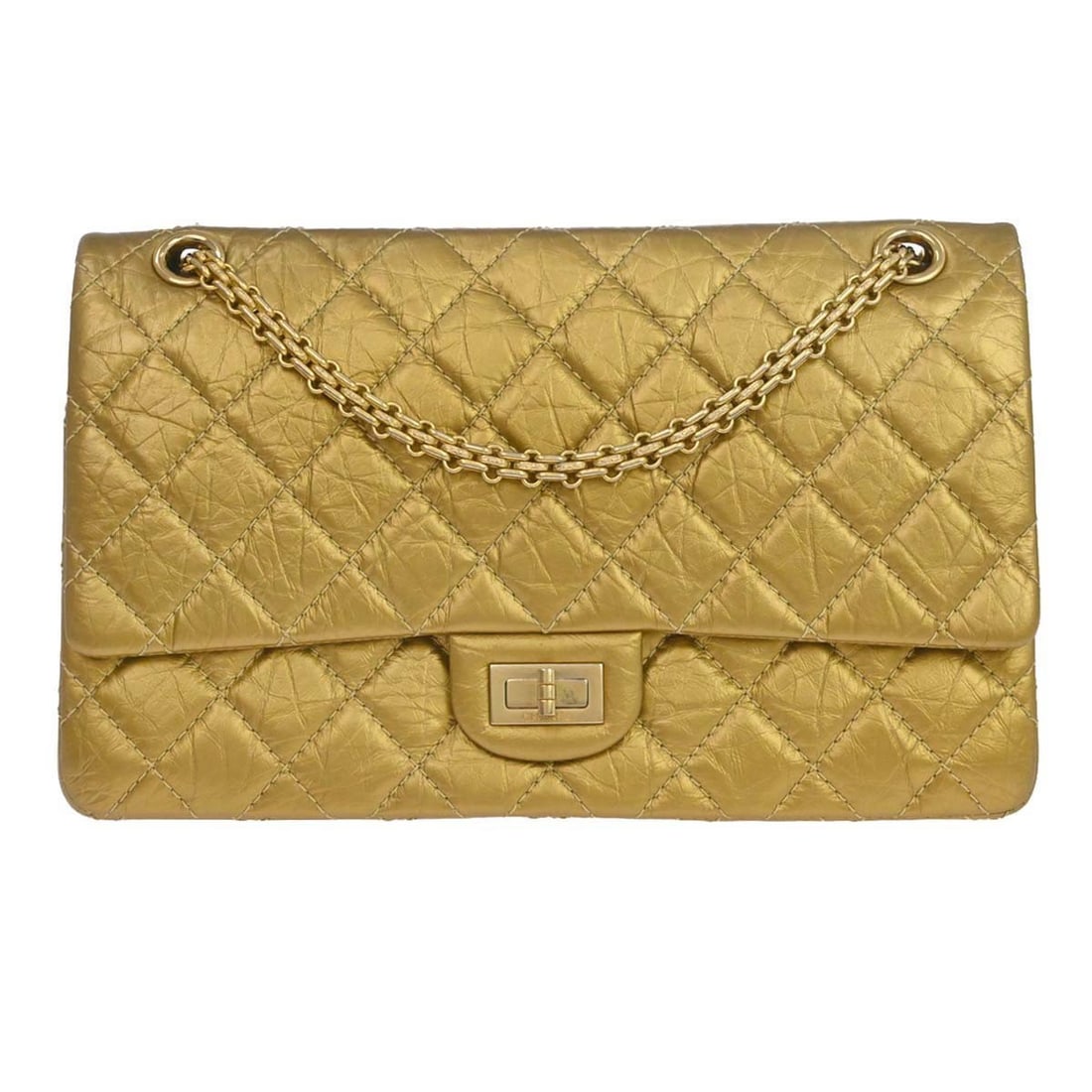 CHANEL Classic Double Flap Shoulder Bag Gold Calfskin Matelasse: CHANEL Classic Double Flap Shoulder Bag Gold Calfskin Matelasse Chanel Classic Double Flap shoulder bag in gold calfskin with a matelasse finish and turnlock closure. Designed with a shoulder chain st