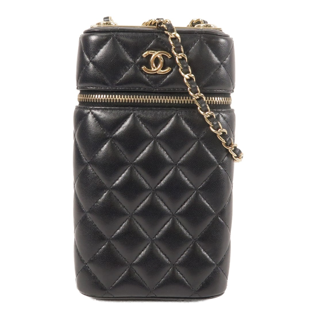 Chanel AP2091 CC Phone Case Chain Bag Black Lambskin: Chanel AP2091 CC Phone Case Chain Bag Black Lambskin A CHANEL CC GHW phone case chain shoulder bag, model AP2091, in black lambskin (sheep leather). It features a chain shoulder strap and a fastener p