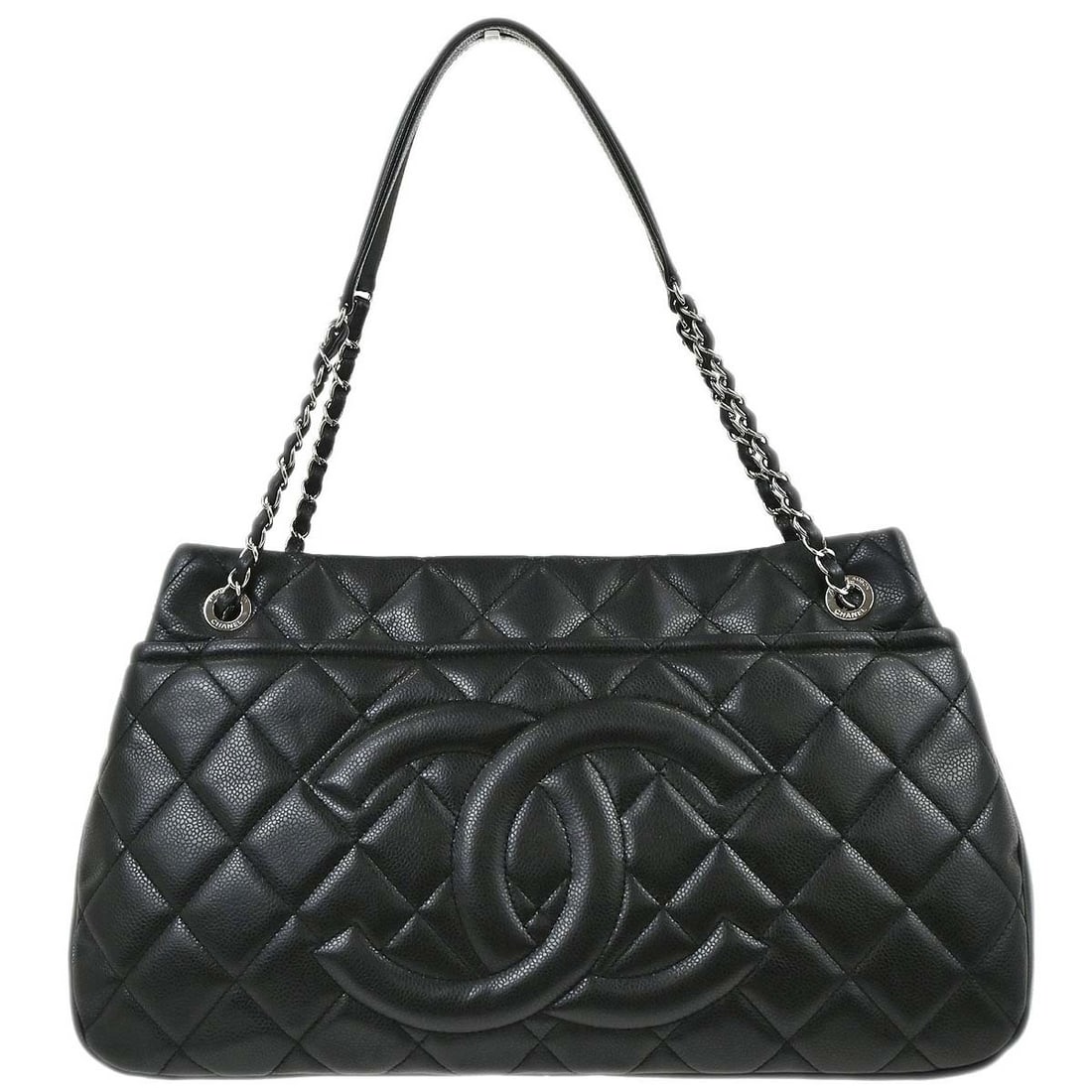 CHANEL Caviar Skin Leather Tote Bag with Chain Handles Black: CHANEL Caviar Skin Leather Tote Bag with Chain Handles Black Large Chanel tote handbag in black calfskin leather with chain double handles and logo accents. This women's tote features inner organizati