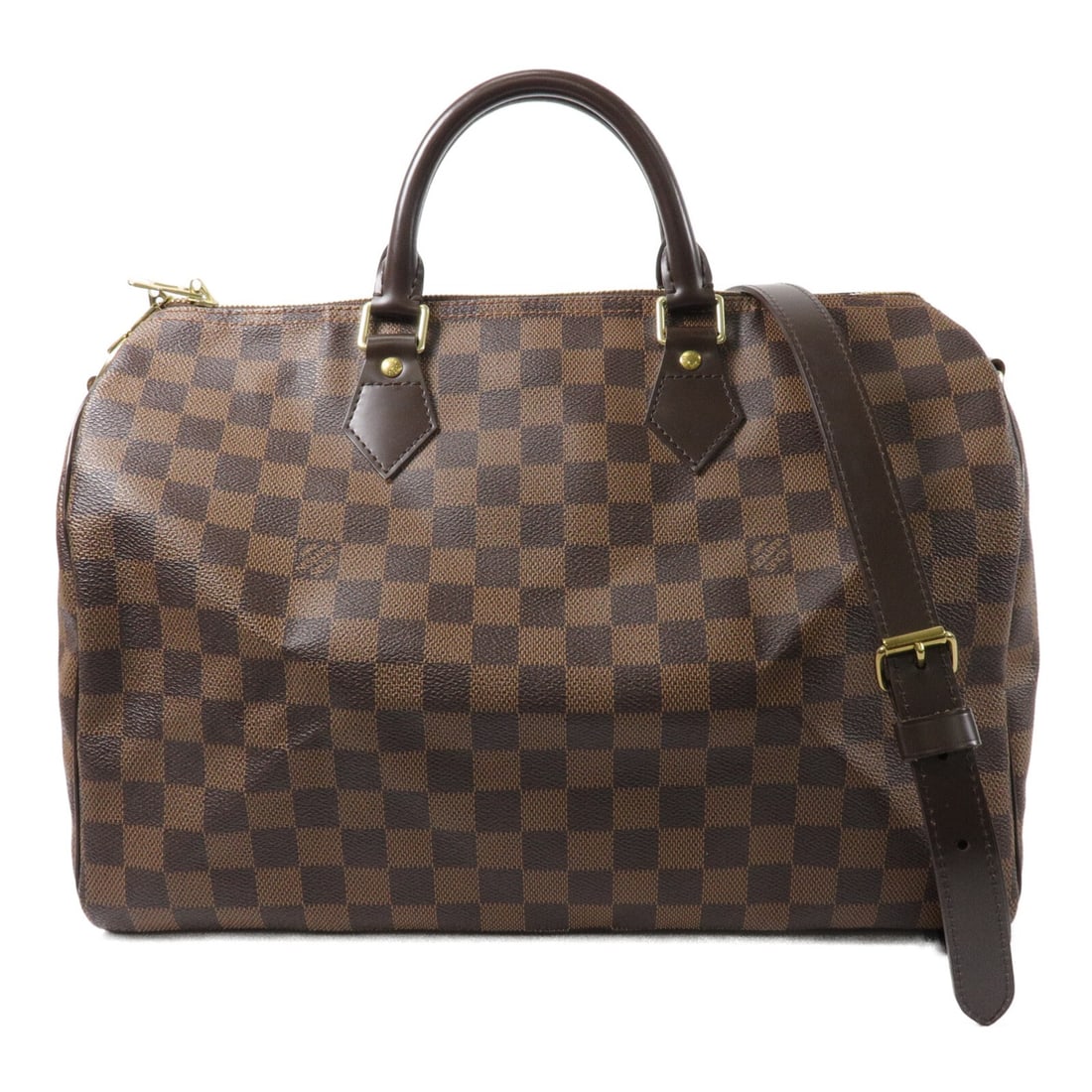 Louis Vuitton Speedy Bandouliere 35 Damier Brown 2Way Bag N40591: Louis Vuitton Speedy Bandouliere 35 Damier Brown 2Way Bag N40591 Louis Vuitton Speedy Bandouliere 35 2Way Shoulder Bag in Brown Damier x PVC coated canvas. It features a top handle, shoulder strap, an