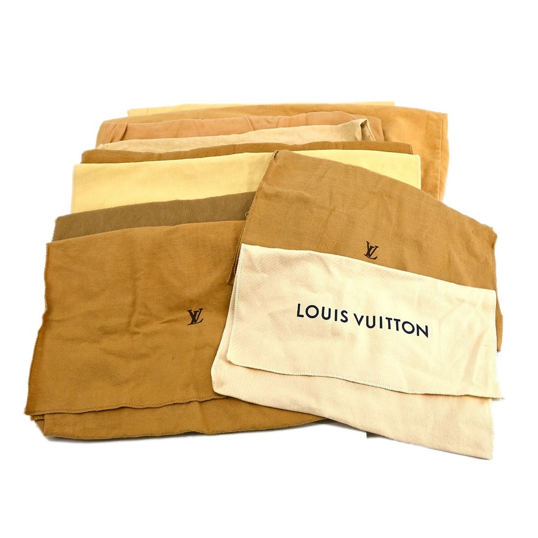 Set of 10 Louis Vuitton cotton dust bags brown beige authentic: Set of 10 Louis Vuitton cotton dust bags brown beige authentic Set of 10 authentic Louis Vuitton dust bags in brown and beige cotton. These unisex dustbags show overall signs of use, including stains 