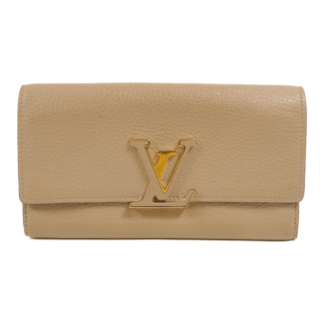 Louis Vuitton Capucines M61249 Bifold Wallet Beige Calfskin Leather: Louis Vuitton Capucines M61249 Bifold Wallet Beige Calfskin Leather Louis Vuitton Capucines Long Wallet, model M61249, in beige calfskin leather. This bifold purse features a hook button closure, 12 c