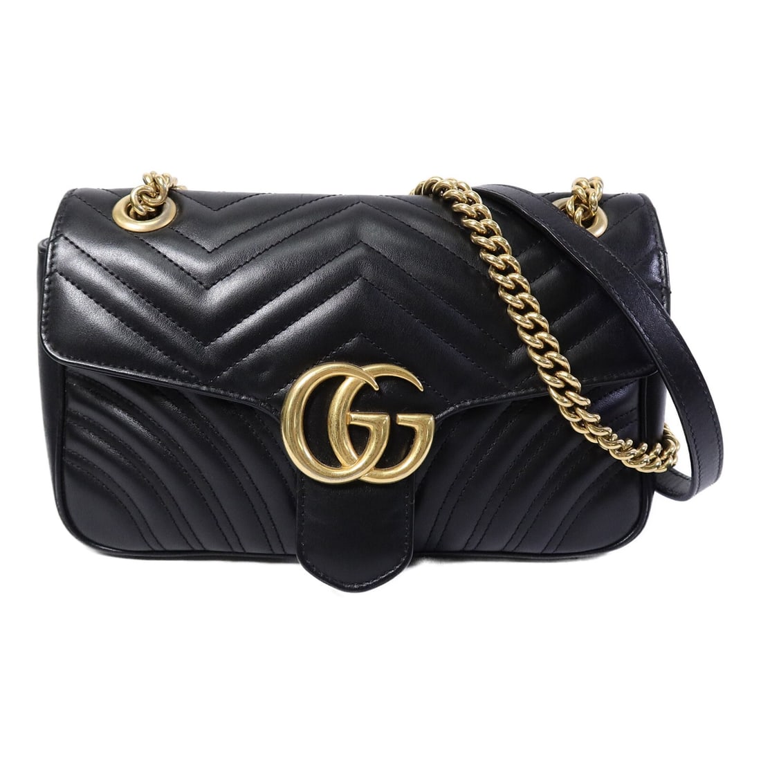 Gucci GG Marmont 443497 black calfskin shoulder bag with chain: Gucci GG Marmont 443497 black calfskin shoulder bag with chain This Gucci GG Marmont Chain Shoulder Bag is crafted in black calfskin (cowhide) leather and features a chain shoulder strap. It is a regu