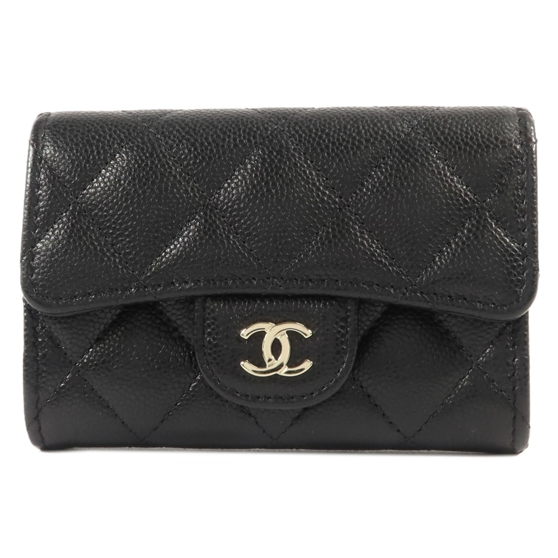 CHANEL AP4096 Classic Flap CC Card Holder Black Calfskin: CHANEL AP4096 Classic Flap CC Card Holder Black Calfskin A CHANEL Classic Flap Card Holder in black calfskin leather with gold-tone hardware. It features a hook button closure and multiple pockets, in