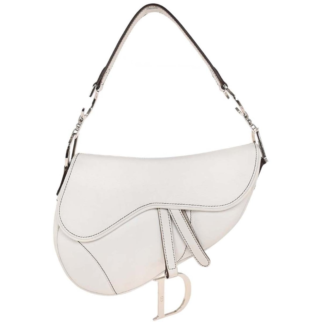 Dior Saddle Medium White Leather Top Handle Bag RU1002: Dior Saddle Medium White Leather Top Handle Bag RU1002 Christian Dior Saddle handbag in white leather with a top handle and Velcro closure. Made in Italy, this medium bag features one exterior pocket 
