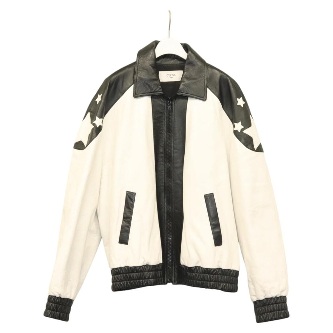 CELINE White Black Lambskin Leather Jacket Italy: CELINE White Black Lambskin Leather Jacket Italy Celine leather jacket in white and black, made from leather and lamb skin. It is an Italy-made jacket with a very good AB condition rating. The item sh