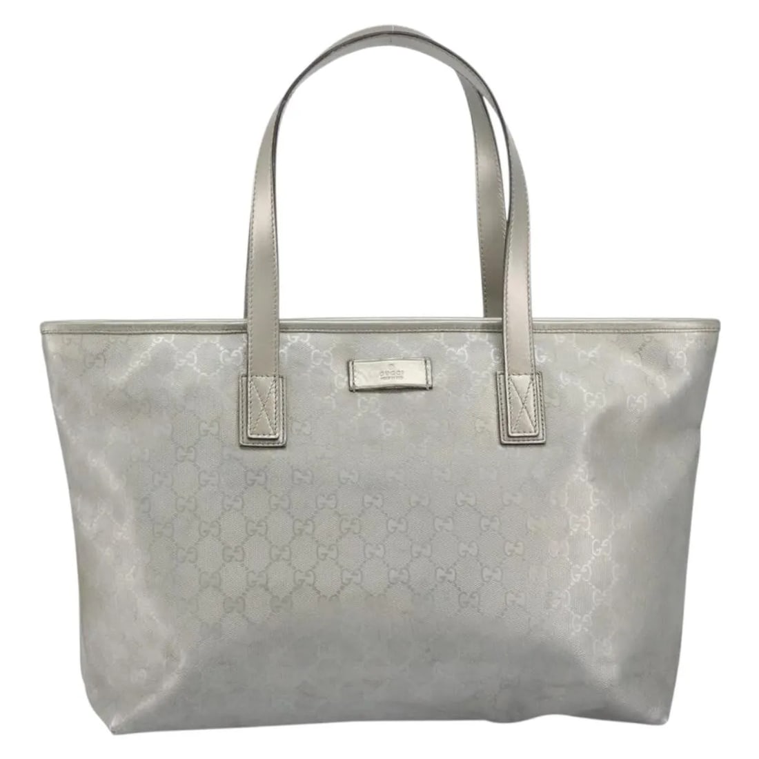 Gucci Plus Tote Silver Canvas Handbag: Gucci Plus Tote Silver Canvas Handbag Gucci Plus Tote GG Imprime tote bag in silver canvas, made in Italy. The bag is described as a female model with a fair, worn condition and shows deformation, lig