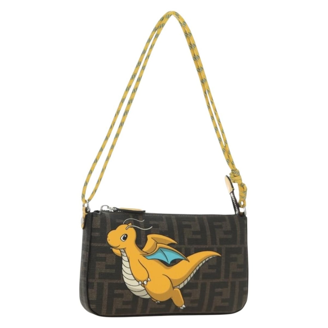 FENDI FRGMT POKEMON Dragonite Shoulder Bag in Zucca Canvas: FENDI FRGMT POKEMON Dragonite Shoulder Bag in Zucca Canvas FENDI shoulder bag from the Dragonite Zucca Canvas FRGMT POKEMON line, crafted in black, silver, and brown Zucca canvas. Made in Italy, this 