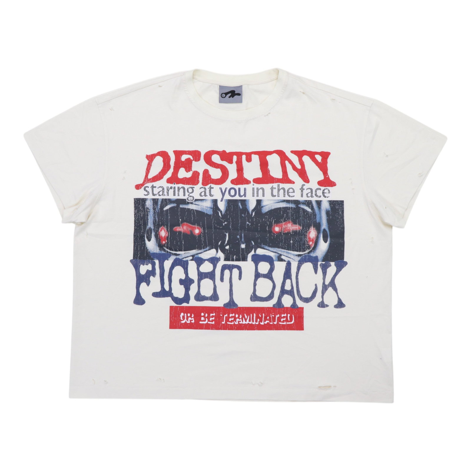 Distressed Cream T-Shirt with Terminator Graphic by OTW: Distressed Cream T-Shirt with Terminator Graphic by OTW This OTW Terminator Distressed Cream Tee is crafted from premium 100% cotton with a heavyweight, soft texture. It features intentional distresse