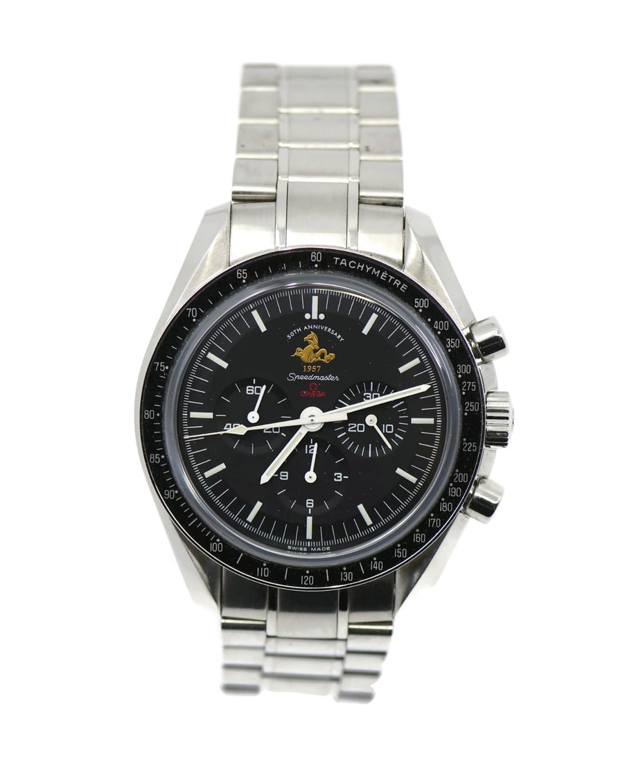 50th Anniversary Omega Speedmaster 42mm Steel Ref 311.30.42.30.01.001 with Box: 50th Anniversary Omega Speedmaster 42mm Steel Ref 311.30.42.30.01.001 with Box This Omega Speedmaster 50th Anniversary wristwatch features a 42 mm stainless steel case and is powered by a manual mecha