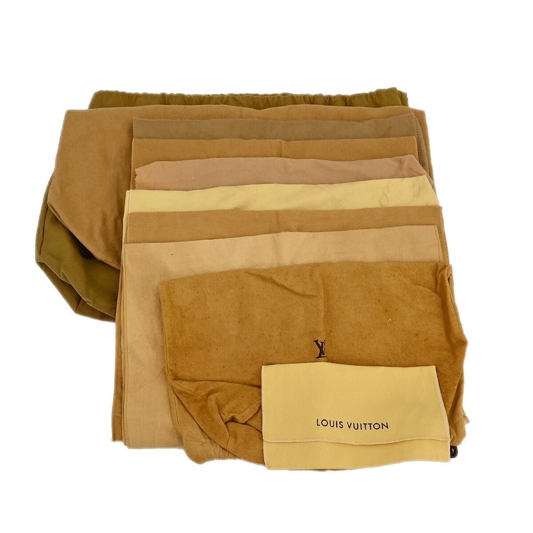 Set of 10 Louis Vuitton cotton dust bags brown beige authentic: Set of 10 Louis Vuitton cotton dust bags brown beige authentic Set of 10 authentic Louis Vuitton dust bags in brown and beige cotton. These unisex dust bags show overall signs of use with reasonable w