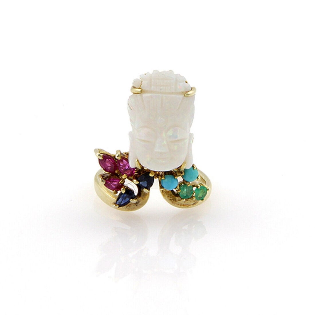 14k Yellow Gold Buddha Head Ring Fire Opal Ruby Sapphire Size 4.5: 14k Yellow Gold Buddha Head Ring Fire Opal Ruby Sapphire Size 4.5 A vintage/estate Buddha head ring crafted in 14k yellow gold, featuring a fire opal center with ruby, sapphire, and turquoise