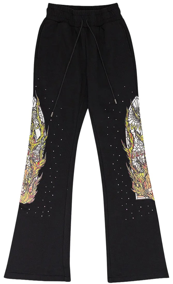 Black Sweatpants with Flame Glass Rhinestone Detail by Who Decides War: Black Sweatpants with Flame Glass Rhinestone Detail by Who Decides War These black sweatpants feature flame motifs crafted from glass rhinestones, showcasing a distinctive design. Made from cotton fle