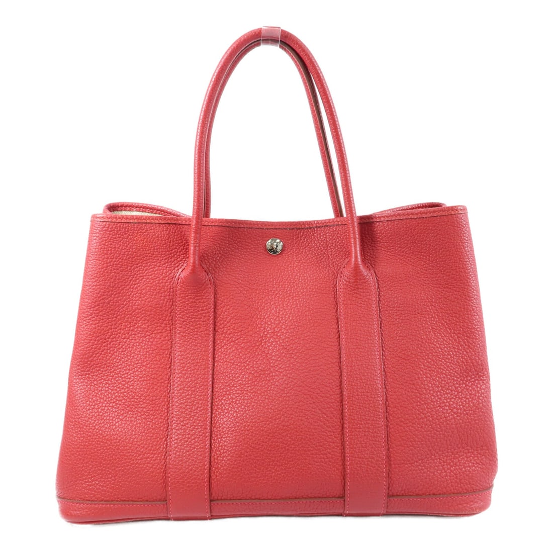 Hermes Garden Party PM Negonda Leather Tote Rouge Casaque PHW: Hermes Garden Party PM Negonda Leather Tote Rouge Casaque PHW Hermes Garden Party PM tote bag in Negonda leather and calfskin (cowhide) with a Rouge Casaque red exterior. It features a hook button clo