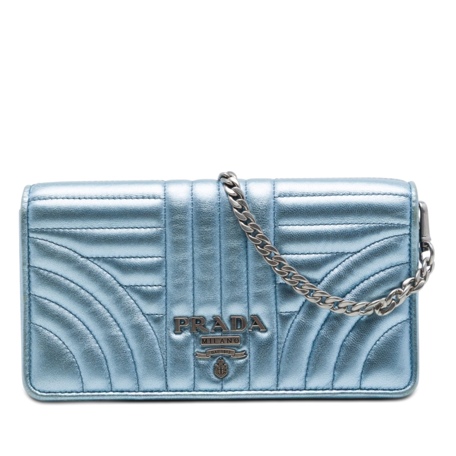 Prada Diagramme Wallet on Chain Metallic Soft Calf Leather Blue: Prada Diagramme Wallet on Chain Metallic Soft Calf Leather Blue Prada Metallic Soft Calf Impunture Diagramme Wallet on Chain in blue metallic leather, made in Italy. It features a detachable chain str