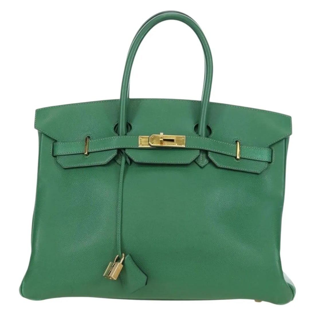 Hermes Birkin green leather handbag gold tone hardware: Hermes Birkin green leather handbag gold tone hardware Hermes Birkin handbag in green leather with gold hardware. Made in France, this piece is presented in good overall condition with visible wear no