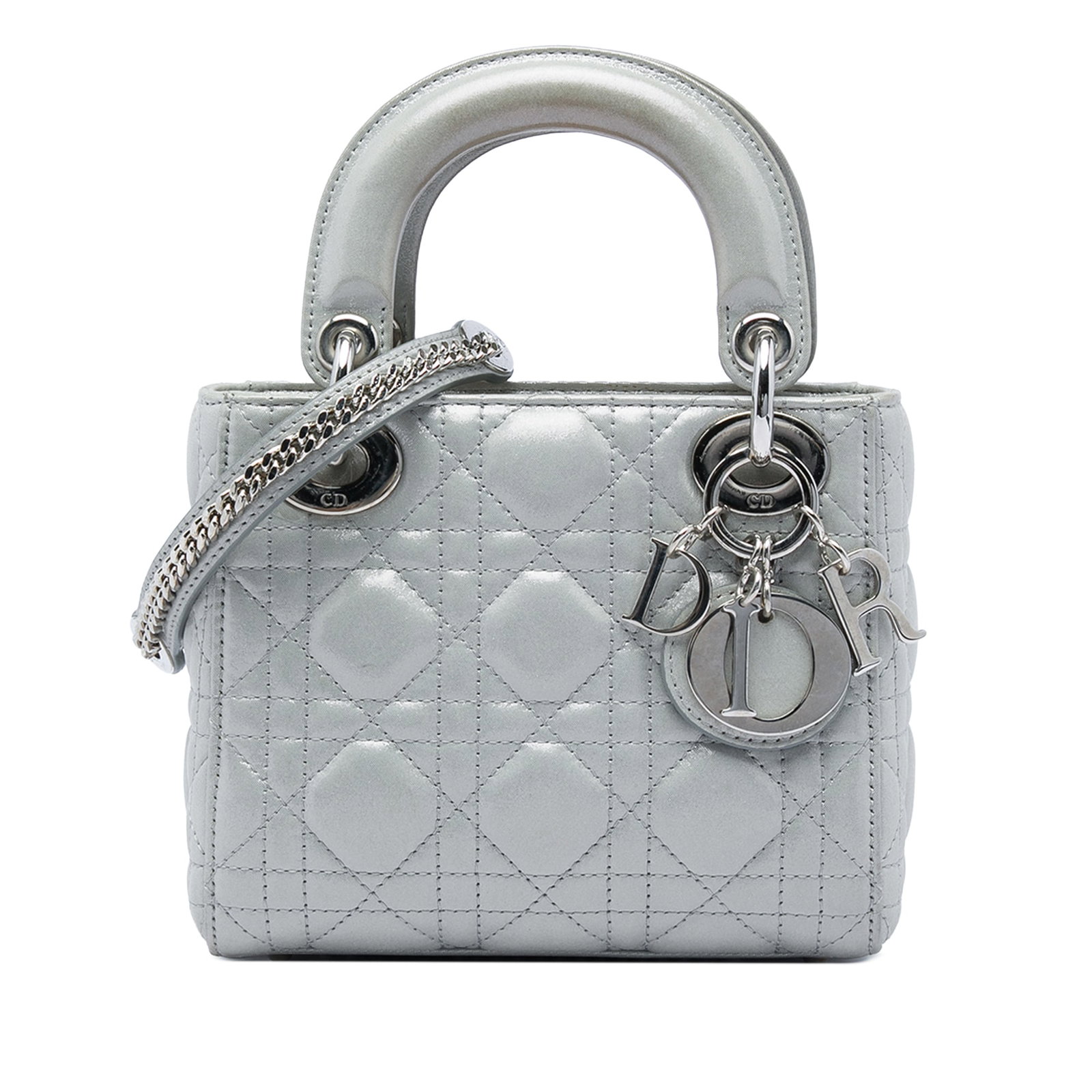 Dior Lady Dior Mini Cannage Iridescent Lambskin Bag: Dior Lady Dior Mini Cannage Iridescent Lambskin Bag Mini Lady Dior bag in iridescent quilted lambskin leather with flat leather top handles, a detachable chain-link strap with leather guard, a fold-in