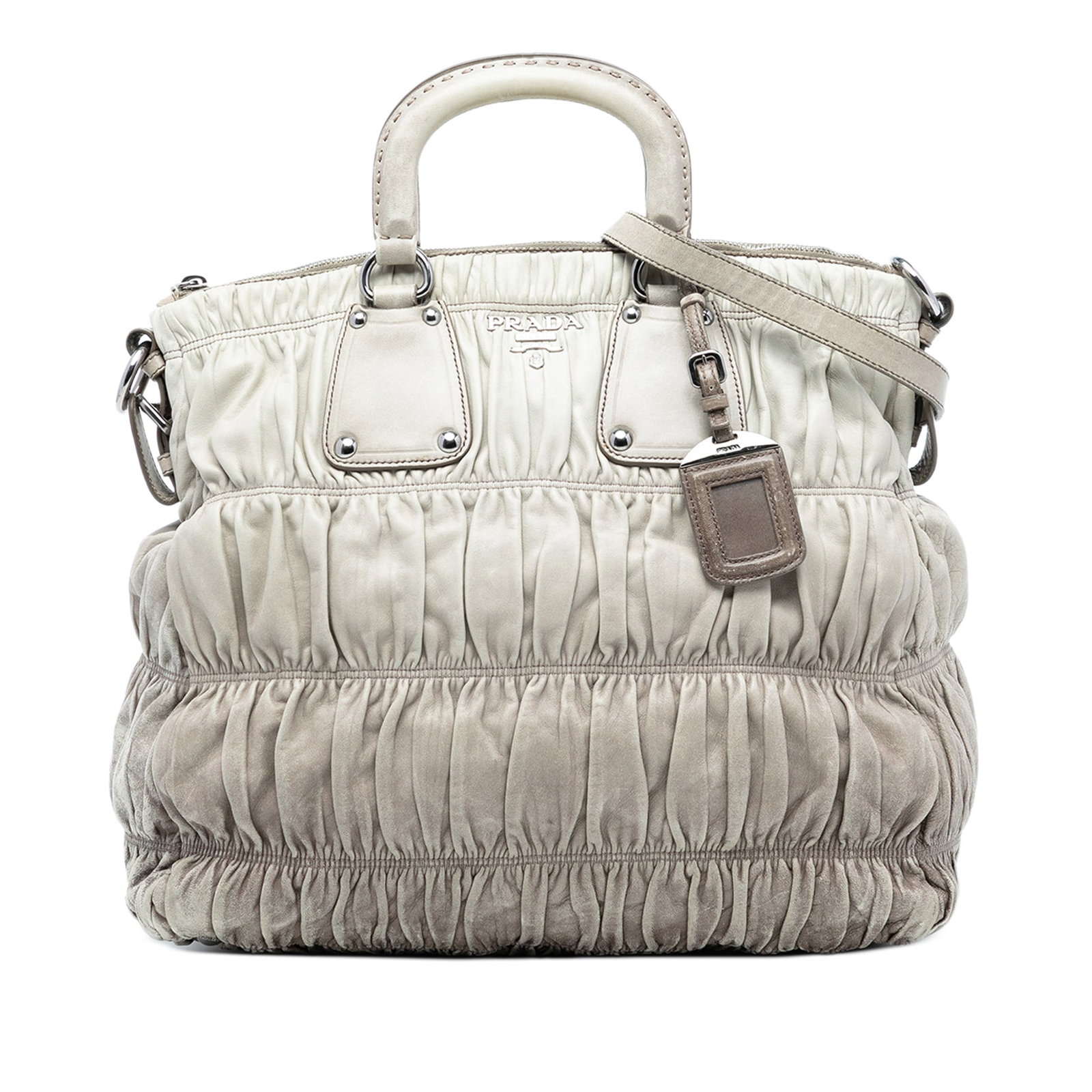 Prada Nappa Gaufre Ombre Leather Satchel with Detachable Strap: Prada Nappa Gaufre Ombre Leather Satchel with Detachable Strap This Prada Nappa Gaufre Ombre Satchel features a gathered nappa leather body in gray, flat leather handles, a detachable flat leather str