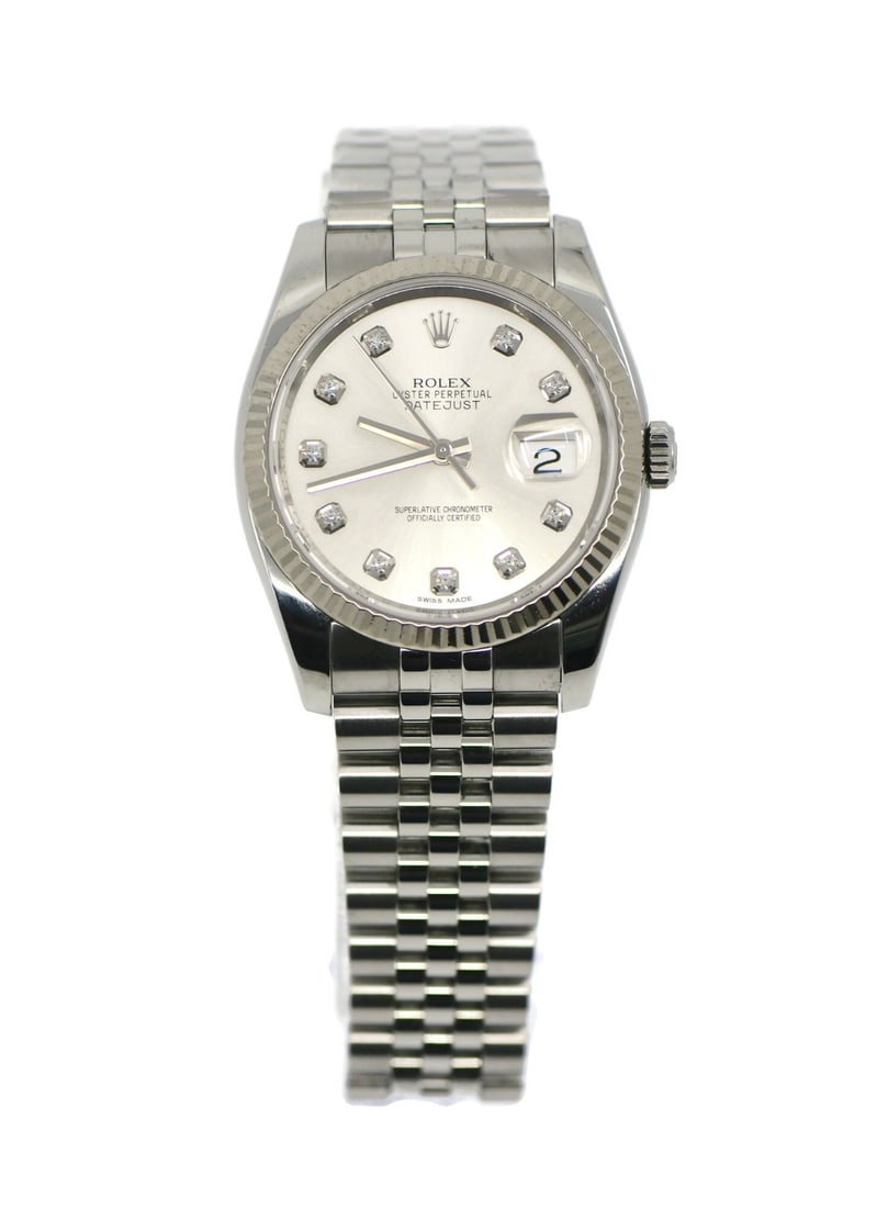 36mm Rolex Datejust Silver Dial Diamond Bezel Stainless Steel Wristwatch: 36mm Rolex Datejust Silver Dial Diamond Bezel Stainless Steel Wristwatch This pre-owned Rolex Datejust wristwatch features a 36 mm stainless steel case and a diamond bezel. The silver dial is compleme