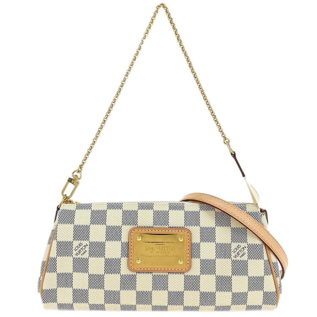 Louis Vuitton Eva N55214 Damier Azur 2way Chain Shoulder Bag: Louis Vuitton Eva N55214 Damier Azur 2way Chain Shoulder Bag Louis Vuitton Eva 2-way chain handbag in Damier Azur canvas with leather trim and a zip closure. This small women's handbag features logo a