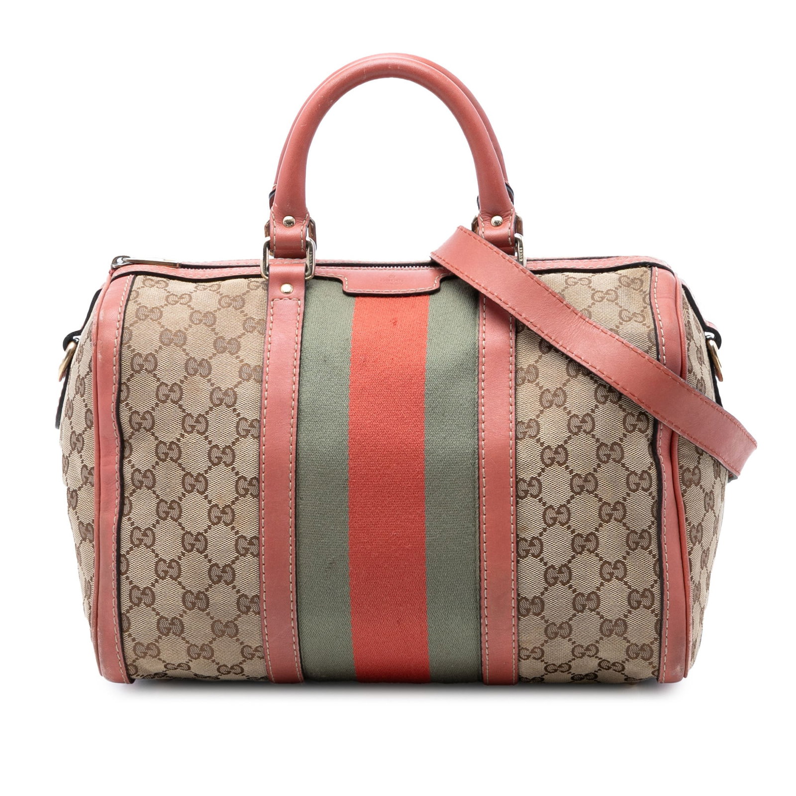 Gucci Joy Boston Satchel in GG Canvas with Web Stripe: Gucci Joy Boston Satchel in GG Canvas with Web Stripe This Gucci Medium GG Canvas Web Joy Boston Bag is crafted with a canvas body and leather trim, accented by the signature web detail. The satchel d
