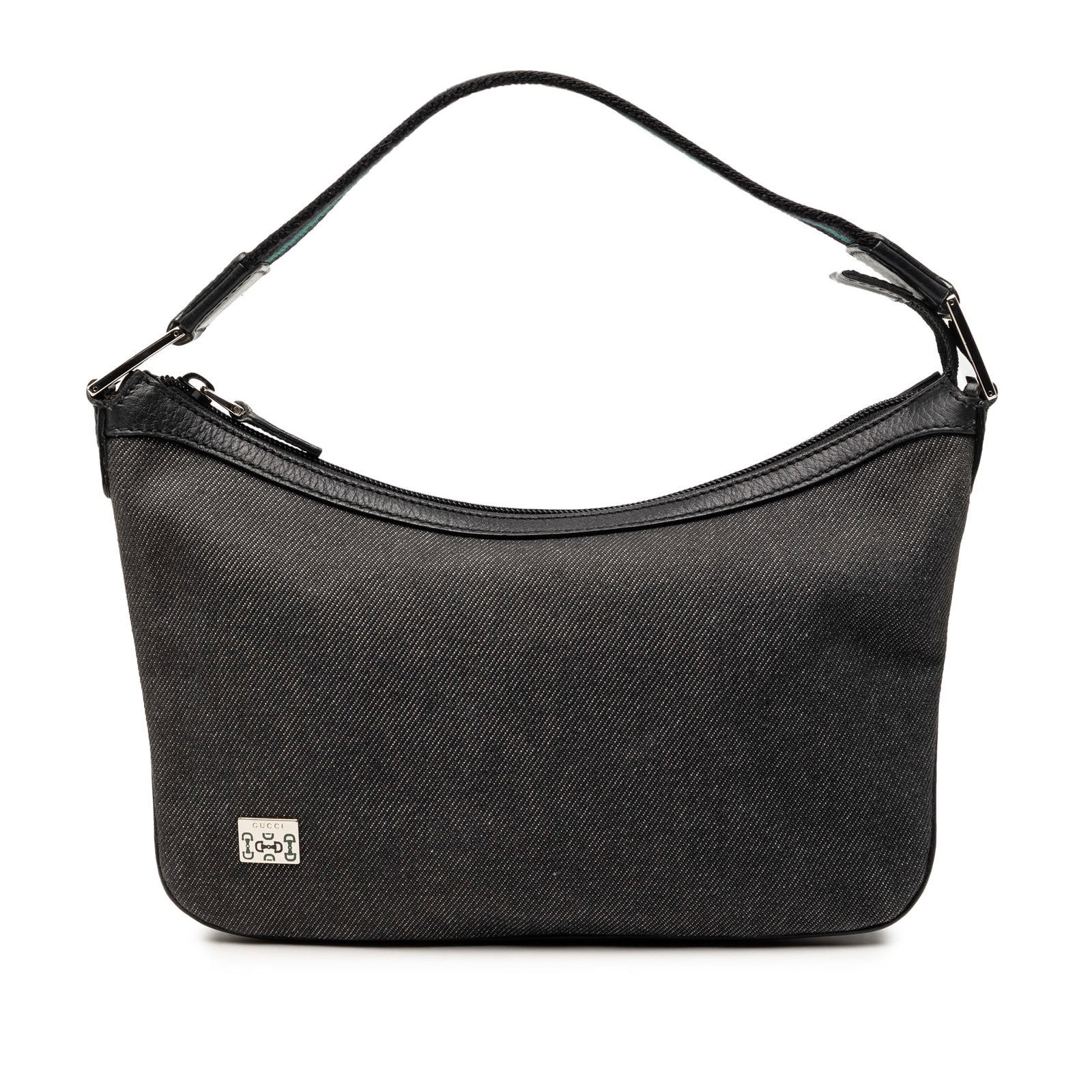 Gucci Black Denim Shoulder Bag with Canvas Web Handle: Gucci Black Denim Shoulder Bag with Canvas Web Handle This Gucci Denim Web Shoulder Bag features a black denim body, a flat canvas web handle, a top zip closure, and an interior slip pocket. The bag s