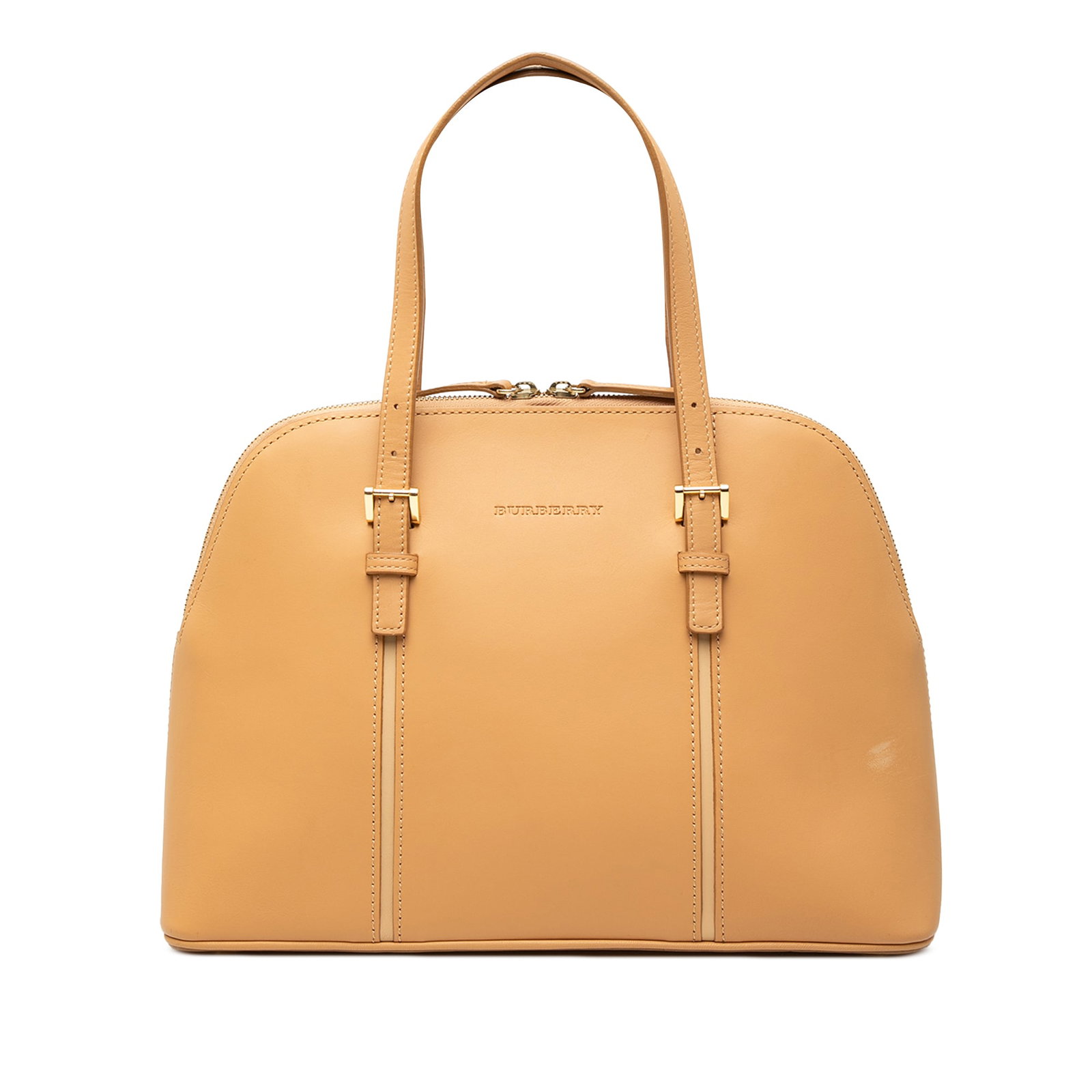 Brown Leather Zip Top Handbag by Burberry: Brown Leather Zip Top Handbag by Burberry Brown Burberry leather handbag with flat leather handles, dual top zip closures, and interior zip and slip pockets. The bag shows signs of wear consistent wit