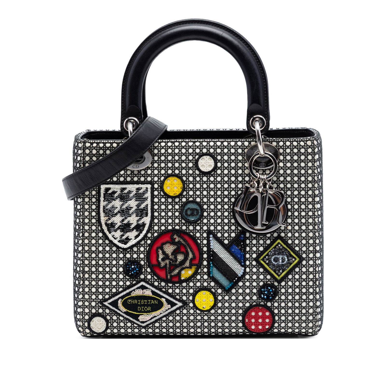 Dior Lady Dior Medium Black Calfskin Mesh Patch Handbag: Dior Lady Dior Medium Black Calfskin Mesh Patch Handbag This Lady Dior bag features a leather body with patches and mesh details, flat leather top handles, a detachable flat leather strap, a top zip c