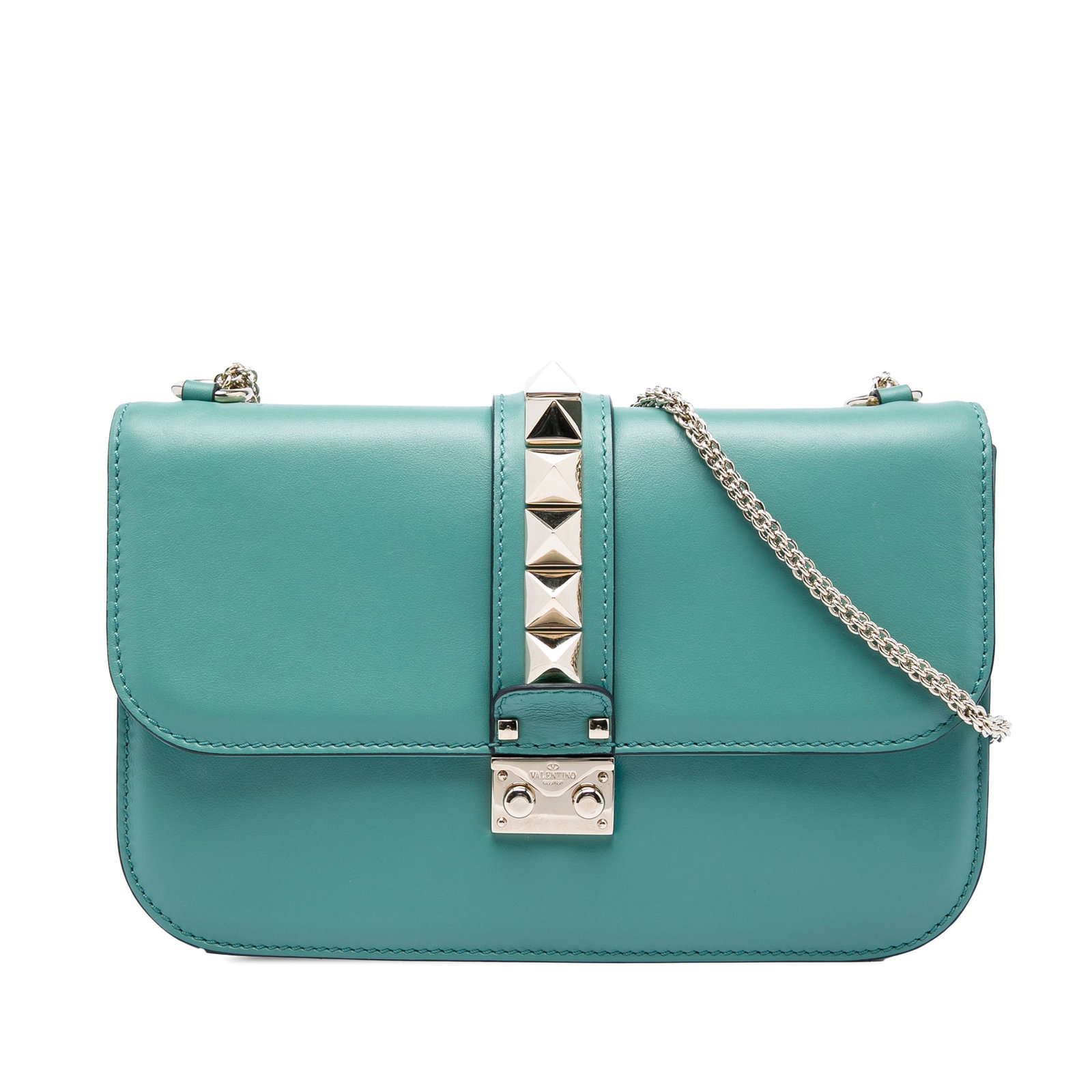 Valentino Glam Lock Medium Blue Leather Rockstud Crossbody Bag: Valentino Glam Lock Medium Blue Leather Rockstud Crossbody Bag Valentino Medium Leather Rockstud Glam Lock Crossbody bag in blue leather, made in Italy. It features a chain link shoulder strap, a stud