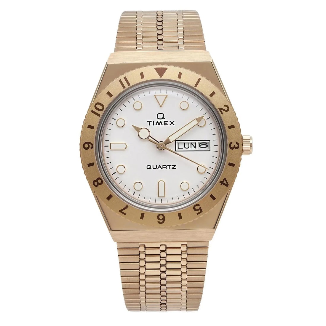 Timex-Q 36mm Gold-Tone Stainless Steel Quartz Ladies Watch TW2U95800VQ: Timex-Q 36mm Gold-Tone Stainless Steel Quartz Ladies Watch TW2U95800VQ Discover the elegance of the Timex-Q 36mm Gold-Tone Steel MOP White Dial Quartz Ladies Watch. This stylish casual wristwatch feat