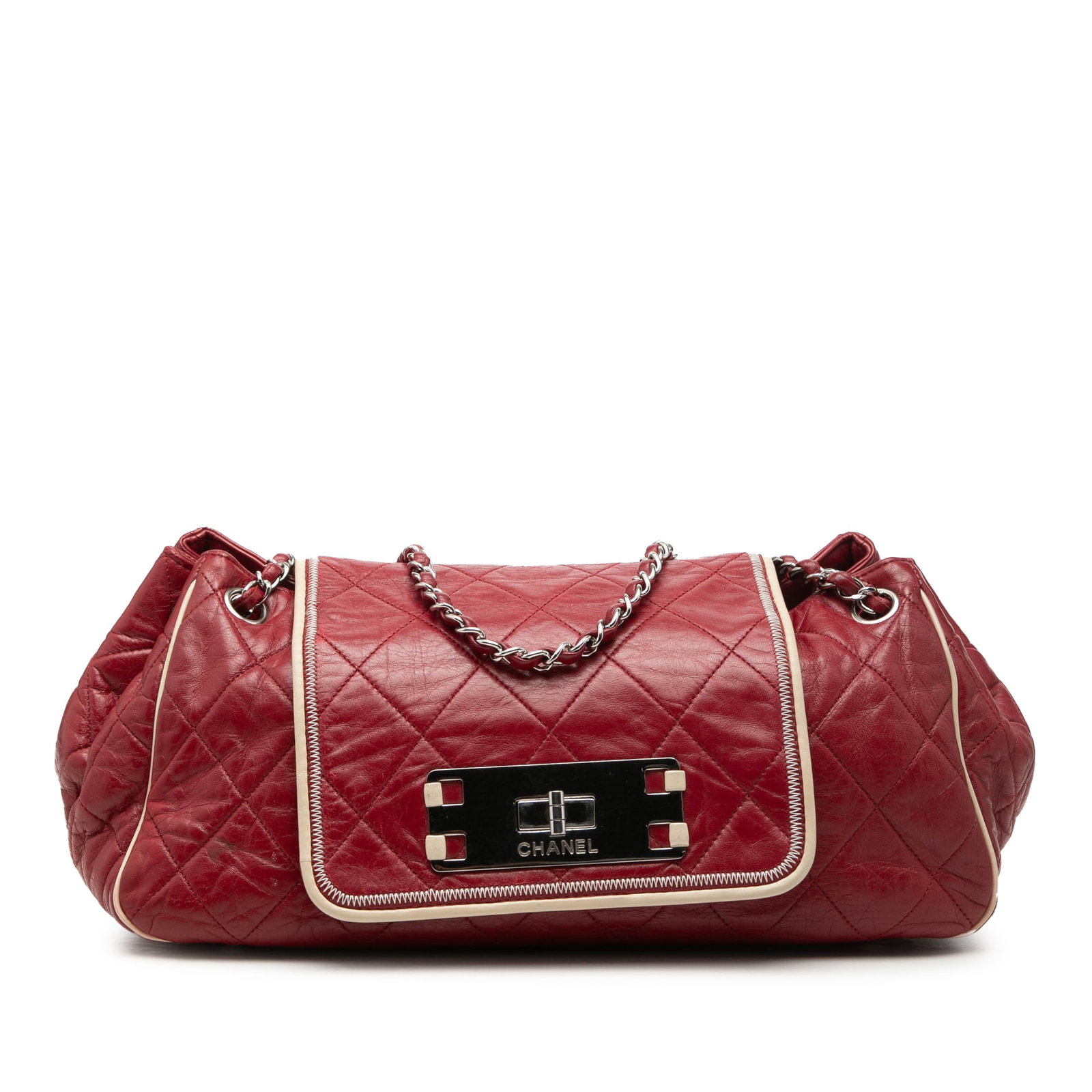 Chanel Reissue 2.55 East West Accordion Flap Red Shoulder Bag: Chanel Reissue 2.55 East West Accordion Flap Red Shoulder Bag This Chanel Quilted Aged Calfskin Reissue 2.55 East West Accordion Flap shoulder bag features a red quilted calfskin leather body with lea
