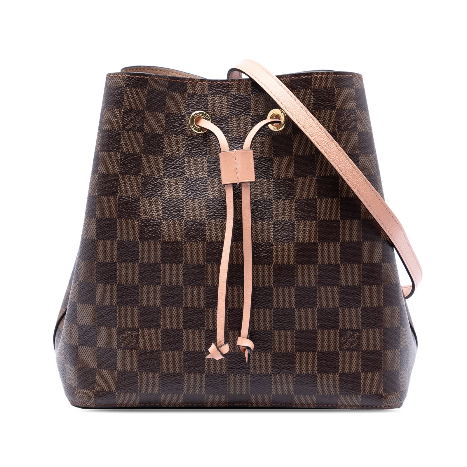 Louis Vuitton Damier Ebene NeoNoe MM Brown Canvas Bucket Bag: Louis Vuitton Damier Ebene NeoNoe MM Brown Canvas Bucket Bag This Louis Vuitton Damier Ebene Neonoe MM features a brown Damier Ebene canvas body with a drawstring closure, complemented by a detachable