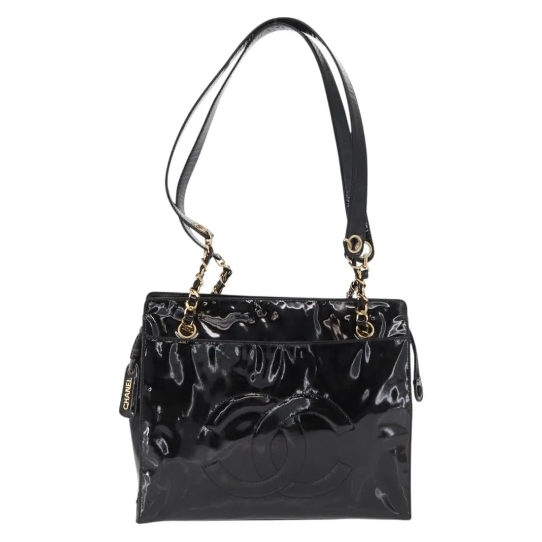 Chanel Vintage Timeless Chain black patent shoulder bag: Chanel Vintage Timeless Chain black patent shoulder bag This Chanel Vintage Timeless Chain Shoulder Bag features black patent leather with a classic chain shoulder strap. The bag shows signs of wear i