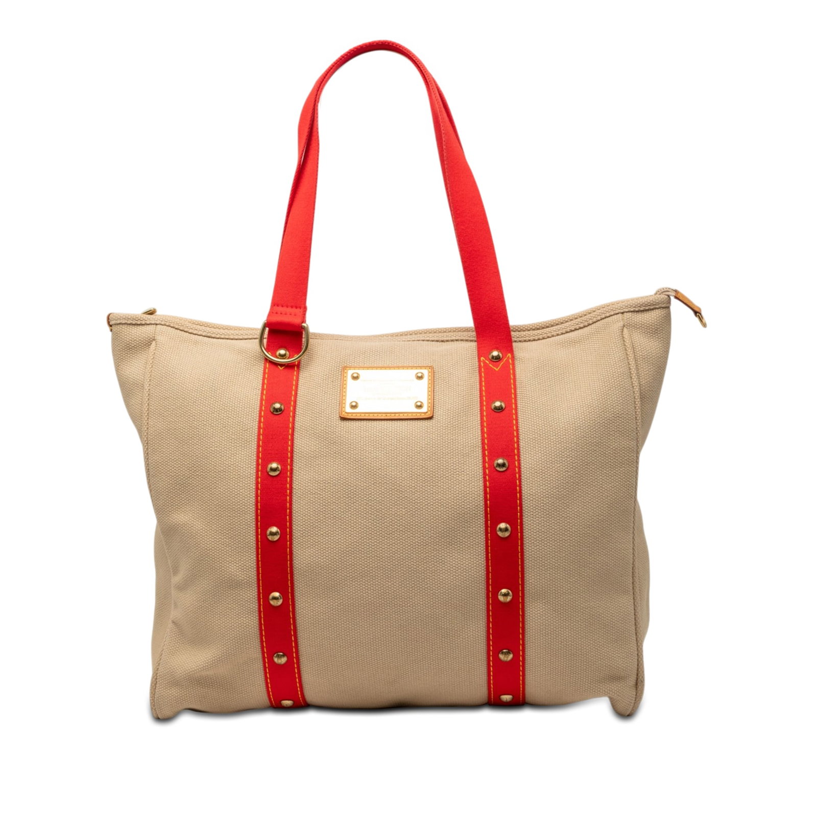 Louis Vuitton Antigua Cabas GM Canvas Tote Bag Beige: Louis Vuitton Antigua Cabas GM Canvas Tote Bag Beige Louis Vuitton Antigua Cabas GM bag in beige fabric with a canvas body, flat handles, a top zip closure, and an interior slip pocket. Made in France