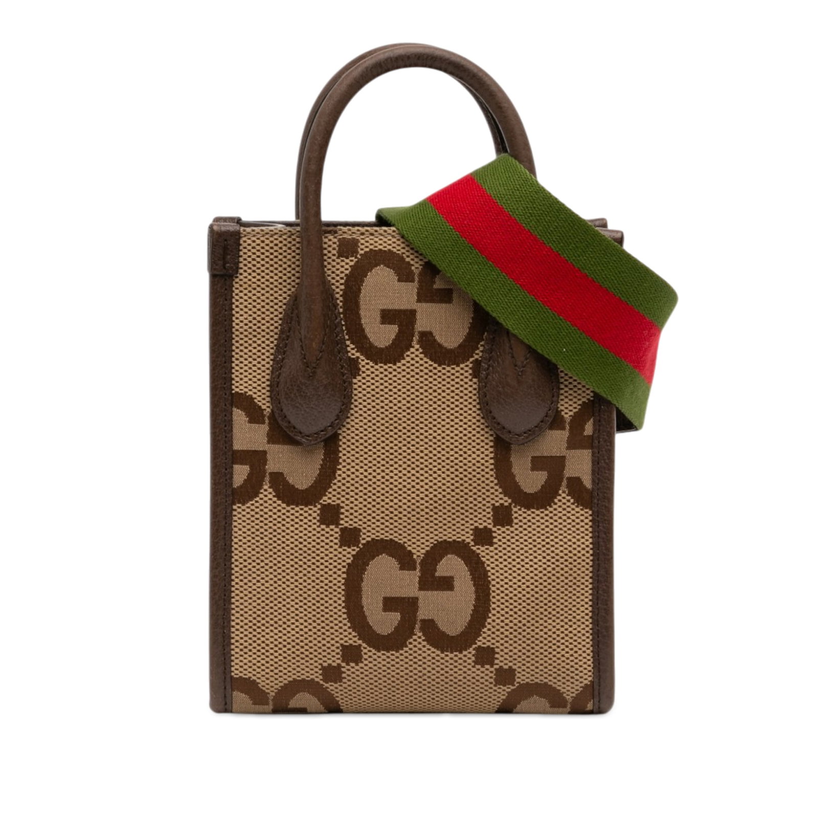 Gucci Mini Jumbo GG Web Satchel Canvas Leather Trim: Gucci Mini Jumbo GG Web Satchel Canvas Leather Trim Gucci Mini Jumbo GG Canvas Web Satchel in beige, made in Italy. It features a canvas body with leather trim, rolled leather handles, a detachable we