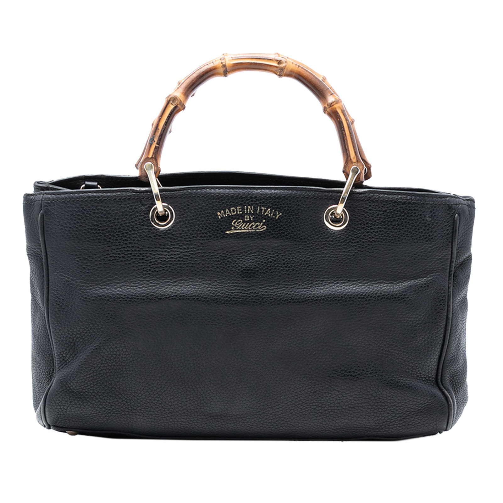 Black Leather Bamboo Handle Medium Satchel by Gucci: Black Leather Bamboo Handle Medium Satchel by Gucci This Gucci Medium Calfskin Bamboo Shopper Satchel features a black leather exterior with signature bamboo top handles. The bag is designed with an o