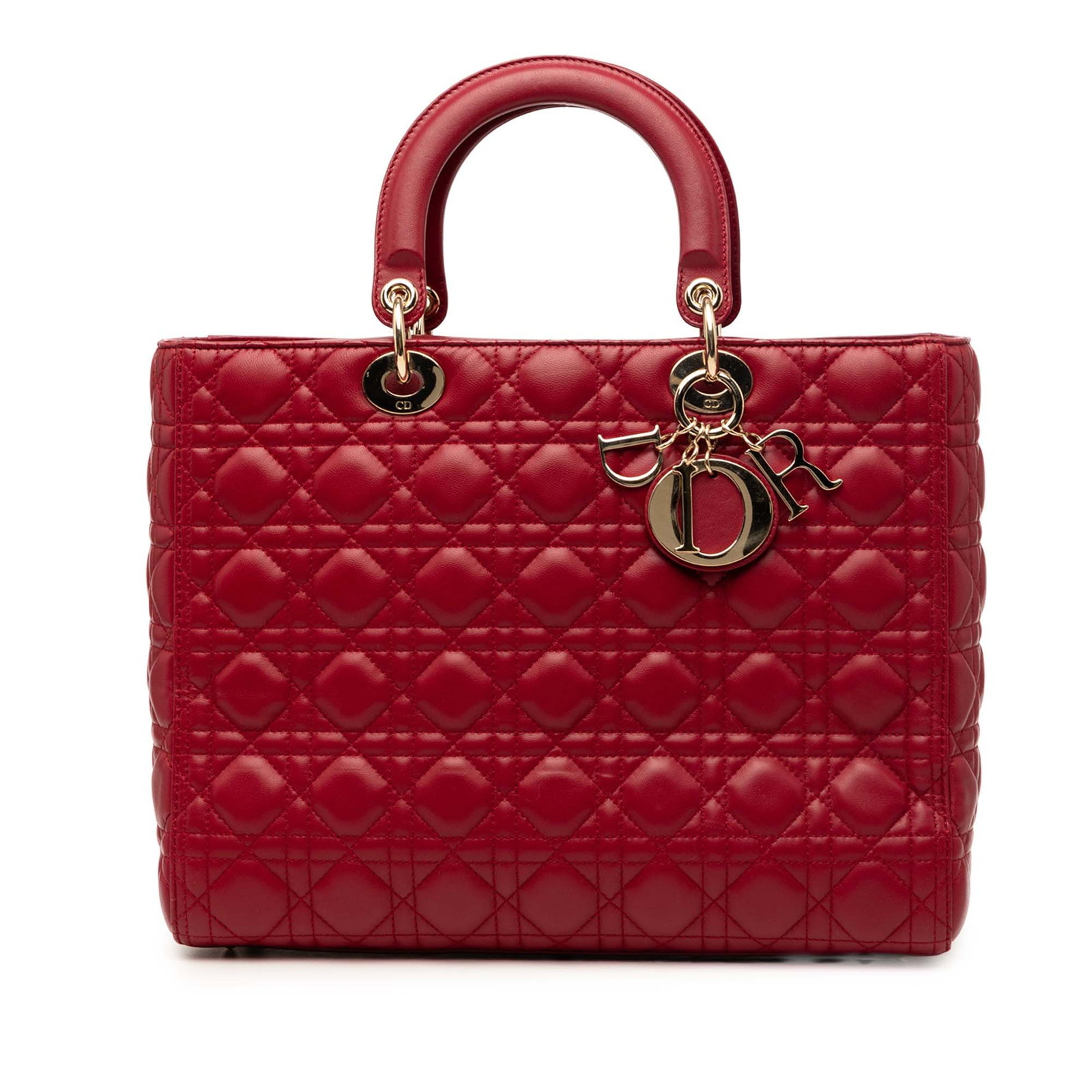 Dior Lady Dior Large Red Lambskin Cannage Handbag: Dior Lady Dior Large Red Lambskin Cannage Handbag Large Lady Dior handbag in red lambskin leather with signature cannage stitching. This Italian-made bag features rolled top handles, a top zip closure
