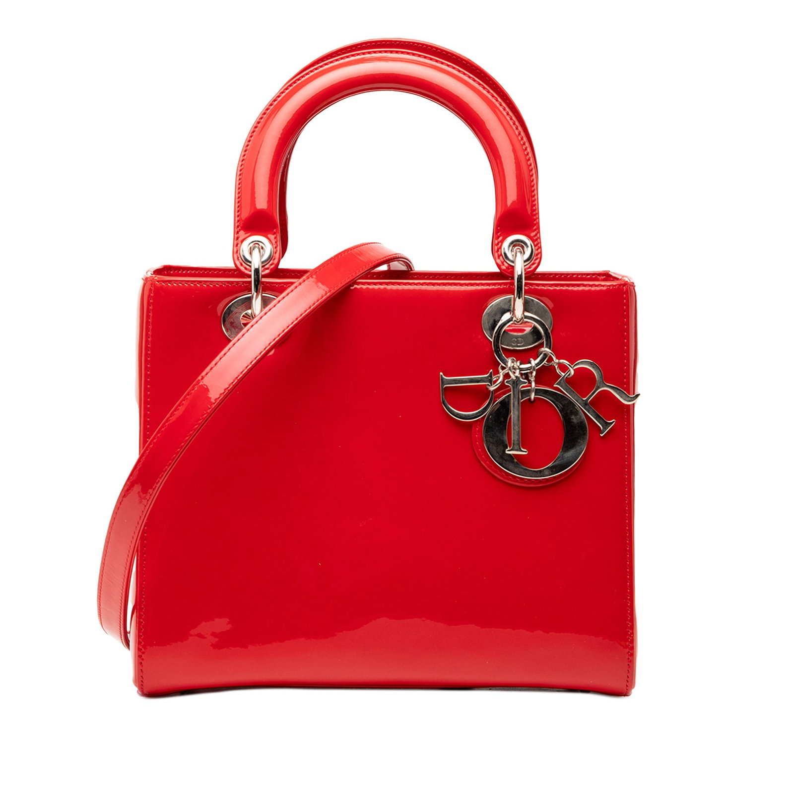 Dior Lady Dior Medium Red Patent Leather Satchel with Detachable Strap: Dior Lady Dior Medium Red Patent Leather Satchel with Detachable Strap This Lady Dior medium satchel features a striking red patent leather body, flat handles, a detachable leather strap, a top zip cl