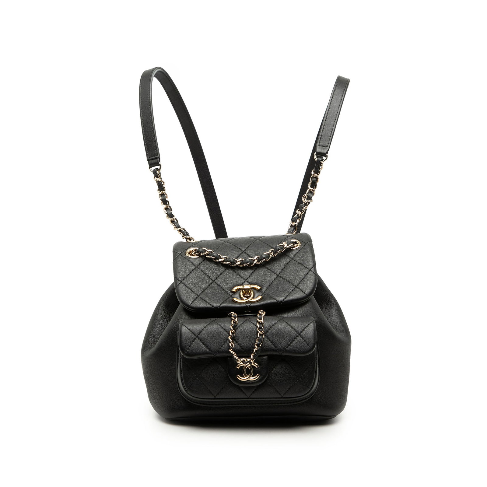 Chanel Duma Small Backpack in Black Lambskin Leather: Chanel Duma Small Backpack in Black Lambskin Leather A Chanel Small Lambskin Duma Backpack in black, crafted with a lambskin leather body. It features flat leather and chain back straps, a top flap wi