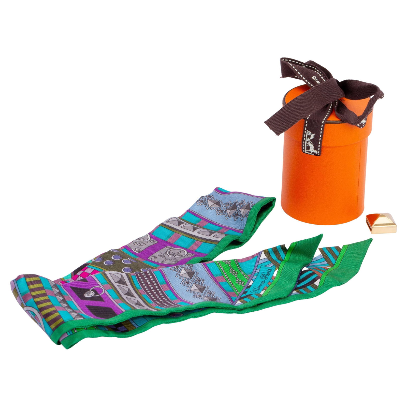 Hermes Architecture Twilly Silk Scarf Multicolor with Box and Scarf Ring: Hermes Architecture Twilly Silk Scarf Multicolor with Box and Scarf Ring This exquisite Hermes Architecture Twilly is a stunning accessory that showcases a unique multicolor print featuring various ar