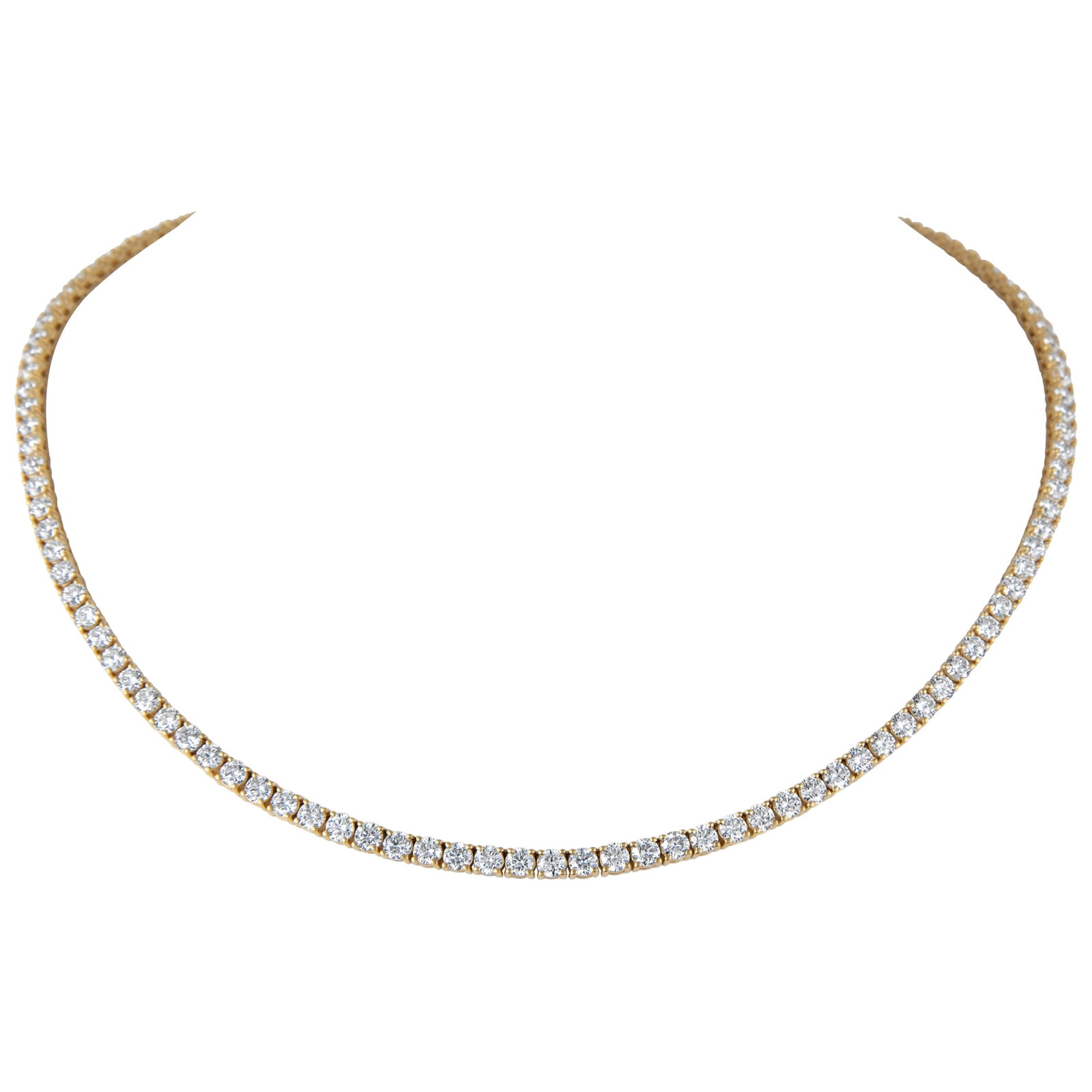14.95ct Diamond Tennis Necklace 18k Yellow Gold 16.5in GIA Appraisal: 14.95ct Diamond Tennis Necklace 18k Yellow Gold 16.5in GIA Appraisal This stunning diamond tennis necklace features a total weight of 14.95 carats, showcasing 118 round brilliant diamonds with approxi