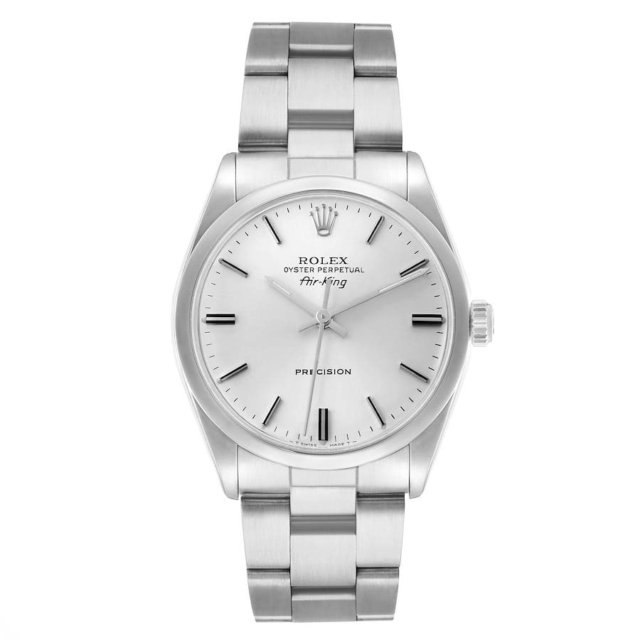 Rolex Ref 5500 Air-King Silver Dial Oyster Bracelet with Papers 1975: Rolex Ref 5500 Air-King Silver Dial Oyster Bracelet with Papers 1975 This Rolex Air-King features a classic silver dial and a smooth bezel, paired with the iconic Oyster bracelet. Reference number 550