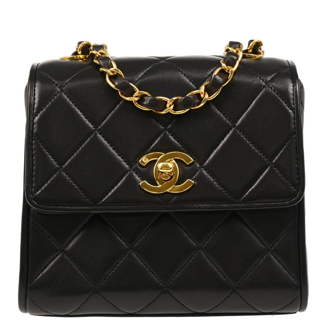 CHANEL Single Chain Shoulder Bag Black Lambskin Matelasse Small: CHANEL Single Chain Shoulder Bag Black Lambskin Matelasse Small Small Chanel flap shoulder bag in black lambskin leather with a matelasse quilted design and flap turnlock closure. It features a single