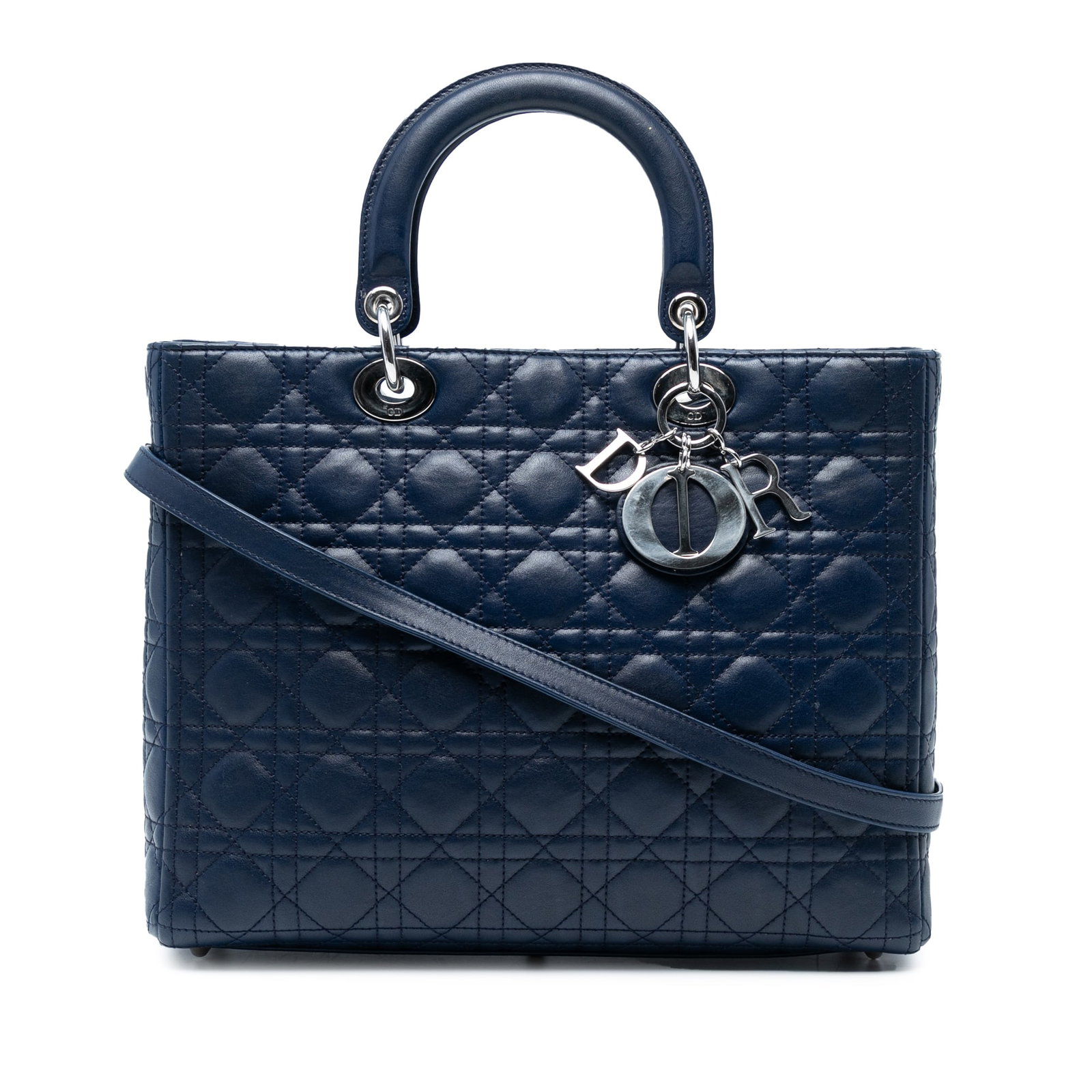 Dior Large Lambskin Cannage Blue Lady Dior Bag: Dior Large Lambskin Cannage Blue Lady Dior Bag Introducing the Large Lambskin Cannage Lady Dior, a stunning bag crafted with exquisite quilted lambskin leather. This elegant piece features flat leathe