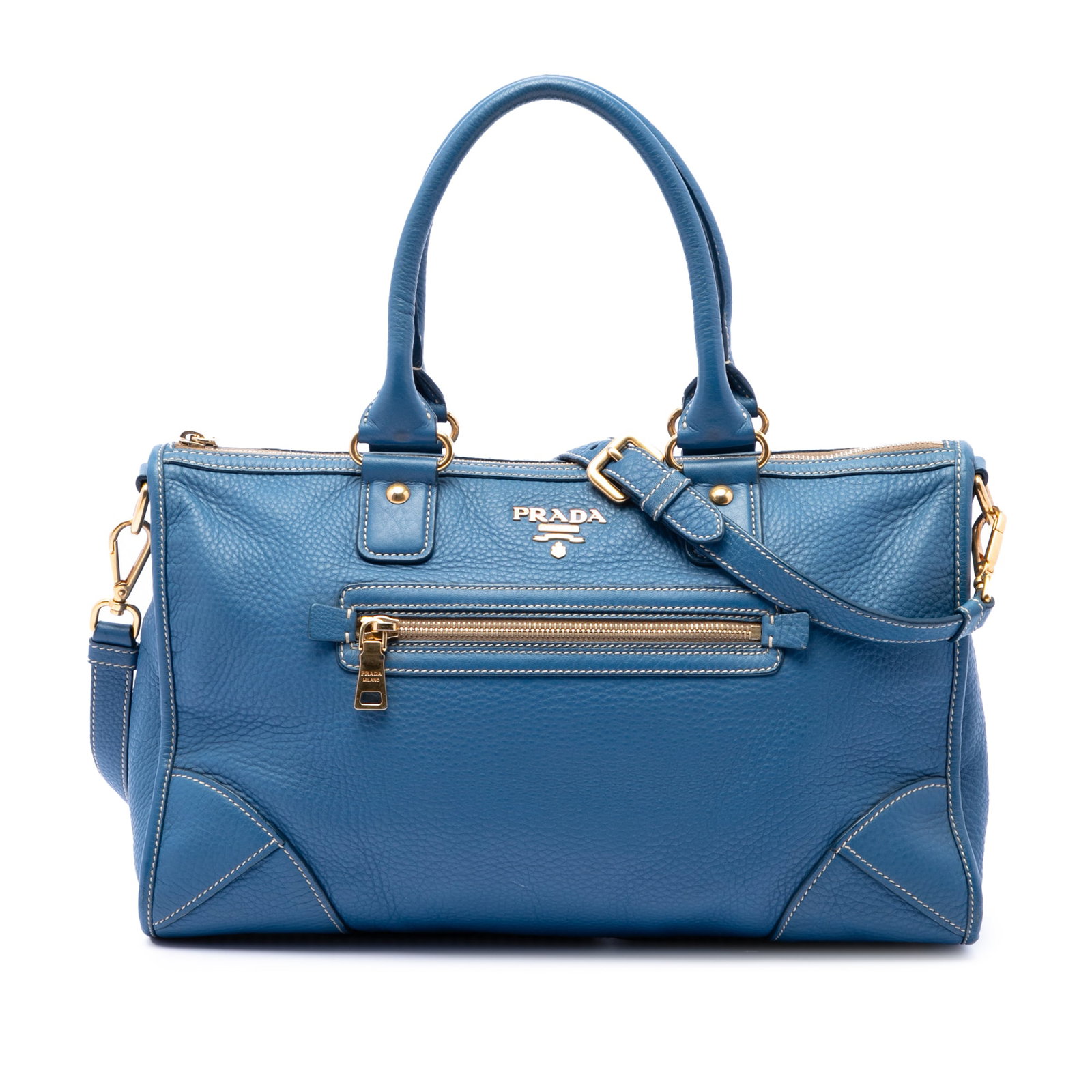 Prada Vitello Daino Leather Satchel with Zip Top Blue (1 of 6)