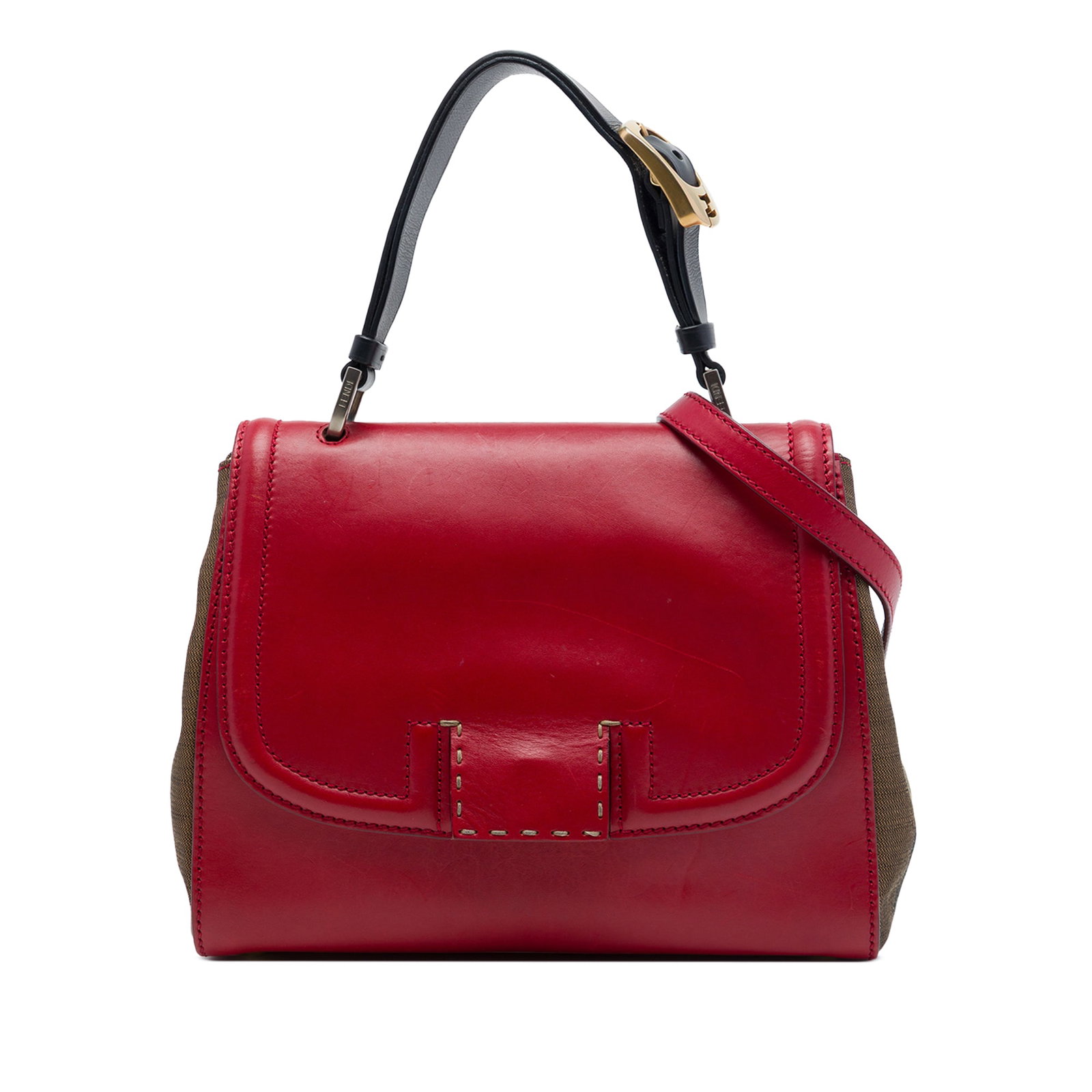 Fendi Silvana Selleria Satchel Red Leather Pequin Canvas (1 of 7)