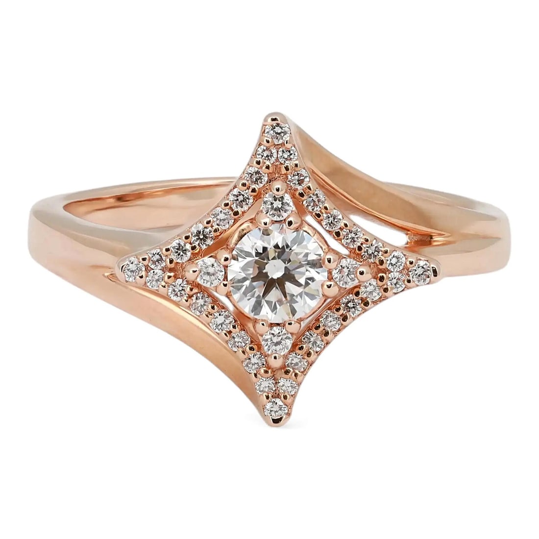 18k Rose Gold Engagement Ring with Round Diamond Halo Size 6.5: 18k Rose Gold Engagement Ring with Round Diamond Halo Size 6.5 This Salvini engagement ring features a central round brilliant cut natural diamond surrounded by a halo of smaller round cut diamonds, w