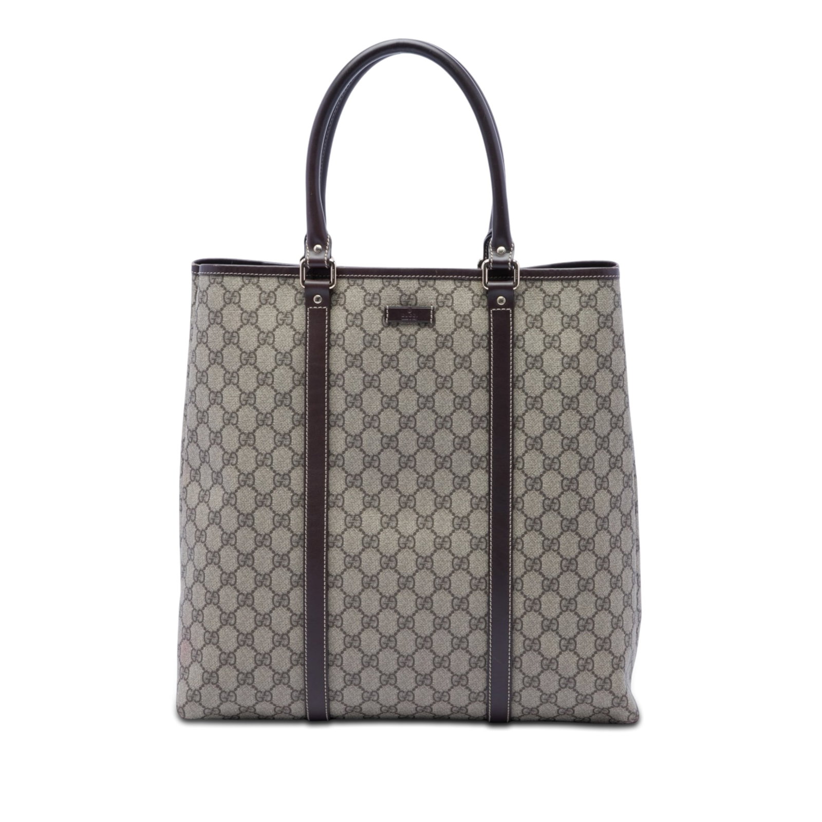 Gucci Joy Vertical Tote in GG Supreme Coated Canvas: Gucci Joy Vertical Tote in GG Supreme Coated Canvas Gucci GG Supreme Joy Vertical Tote in beige, made in Italy. This tote bag features a coated canvas body with leather trim, rolled leather handles, a